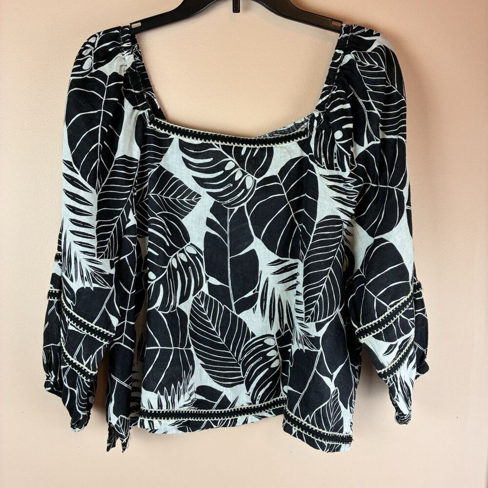 Cynthia Rowley Black White Tropical Leaf Print Square Neck Linen Blouse Top XL